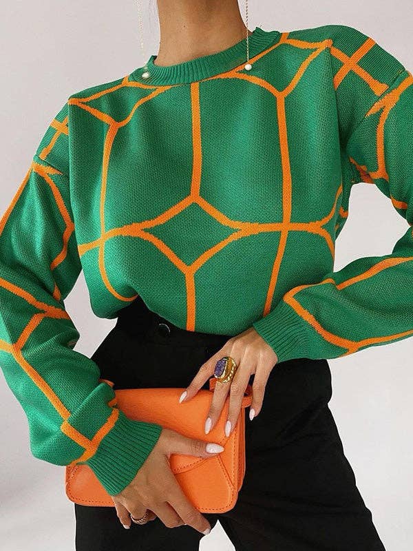 VividLux - Long Sleeves Loose Geometric Round-Neck Knitwear Pullovers Sweater Tops: BLUE / L VividLux