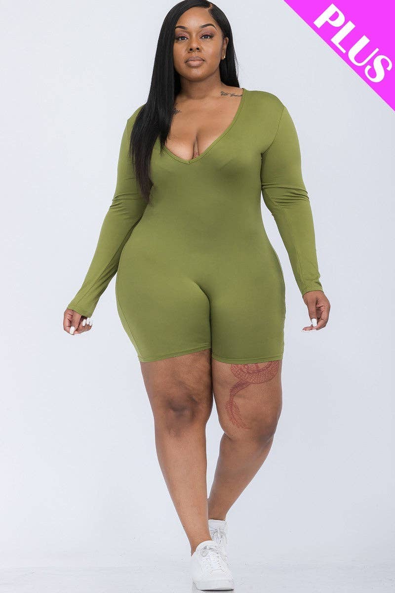 Plus Size V-neck Long Sleeve Bodycon Romper Bodi Language for Women