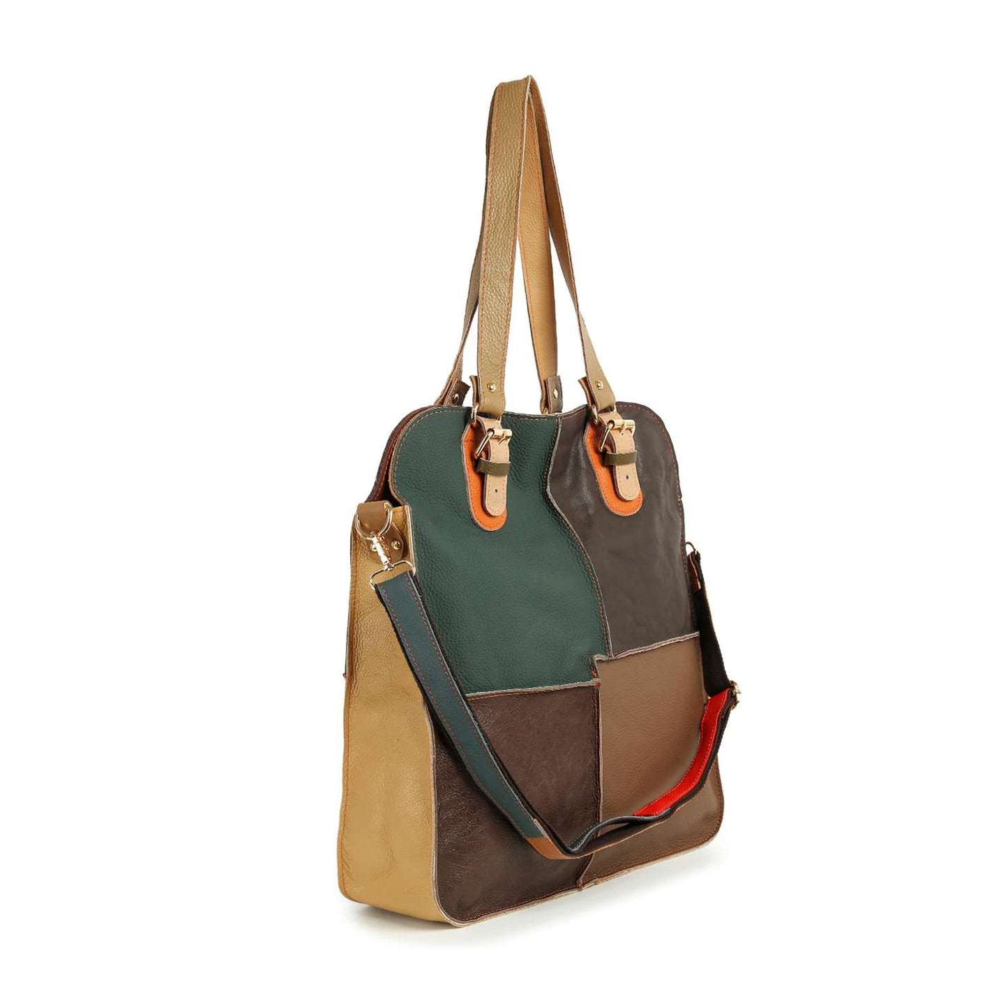Genuine Leather Tall Patchwork Fashion Tote: Multi
