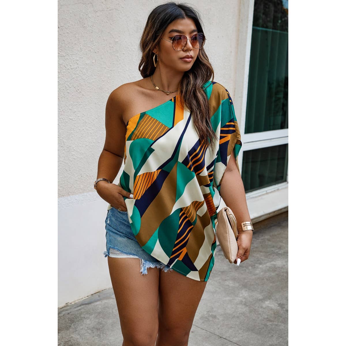 Plus Size One Shoulder Asymmetrical Hem Blouse: MULTI