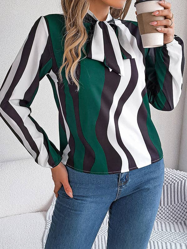 VividLux - Long Sleeves Loose Contrast Color Elasticity Striped Tied Mock Neck Blouses&Shirts Tops: BURGUNDY / XL VividLux