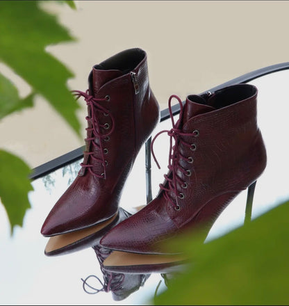 Burgundy stiletto heel lace-up bootie