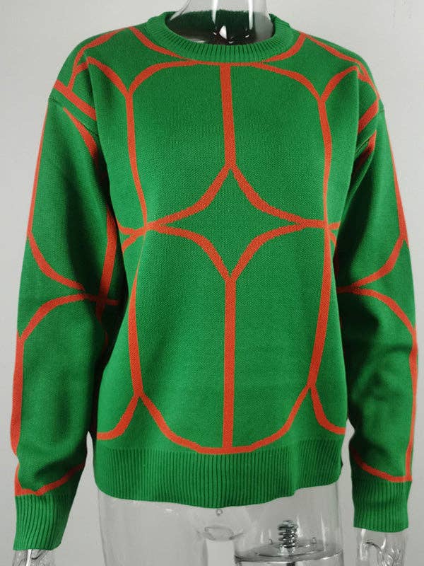 VividLux - Long Sleeves Loose Geometric Round-Neck Knitwear Pullovers Sweater Tops: BLUE / L VividLux