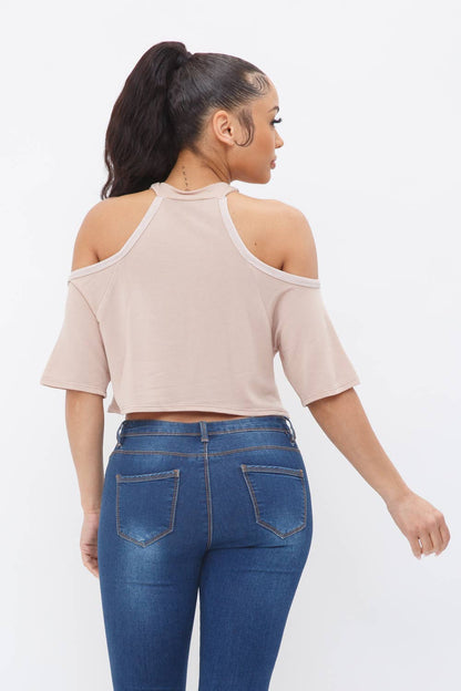 French Terry Solid Shoulder Cut Out Detail Half Sleeve Top-Khaki