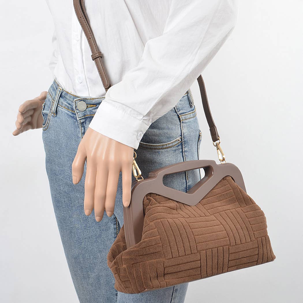 Embossed Micro Suede Wood Frame Chain Bag: Brown Bodi Language for Women