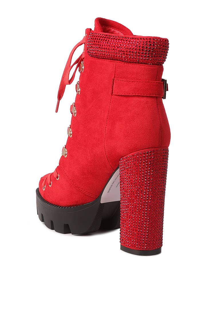 Block Heeled Ankle Boot: Red