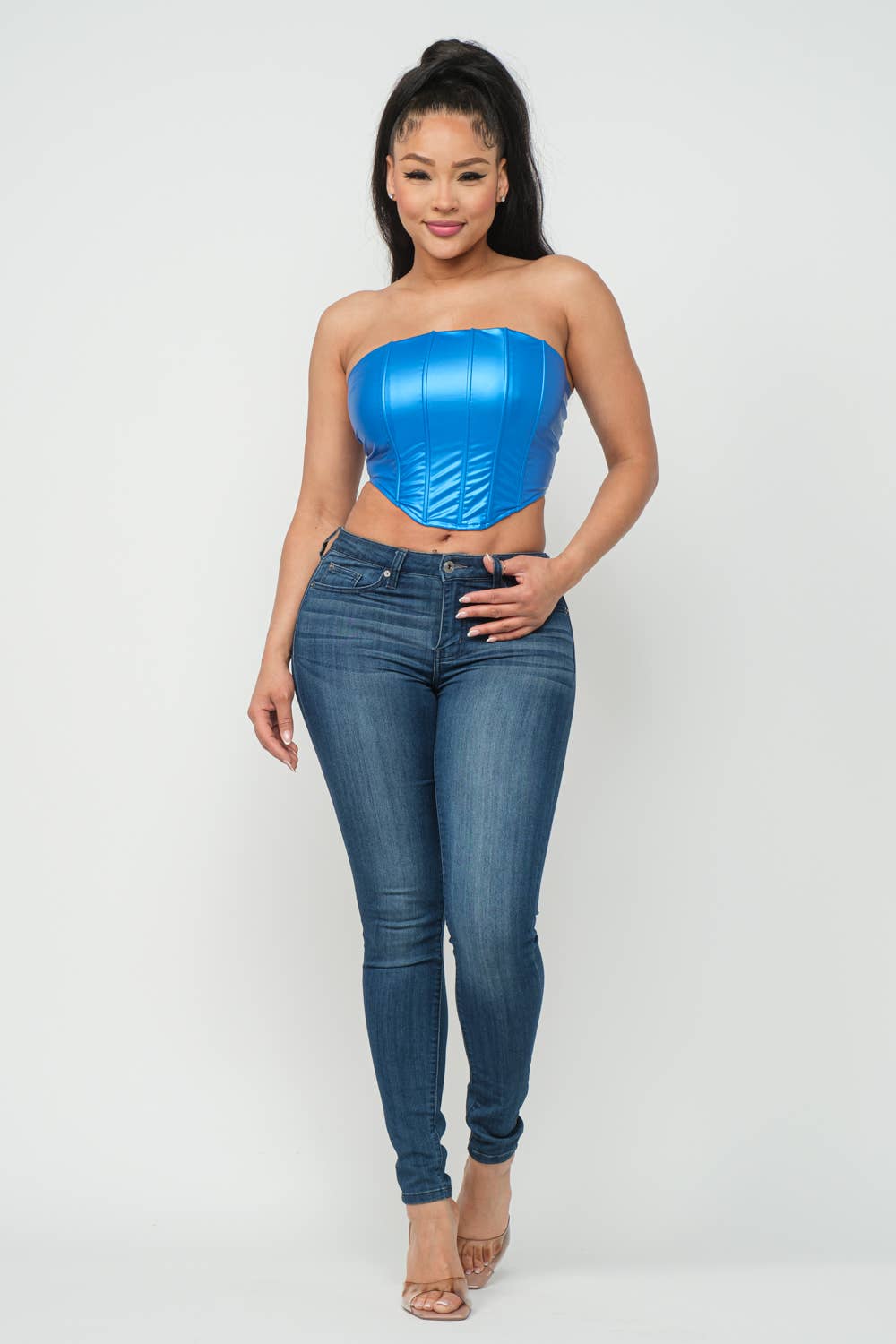 Metallic Leather Corset Style Detail Tube Top: Blue