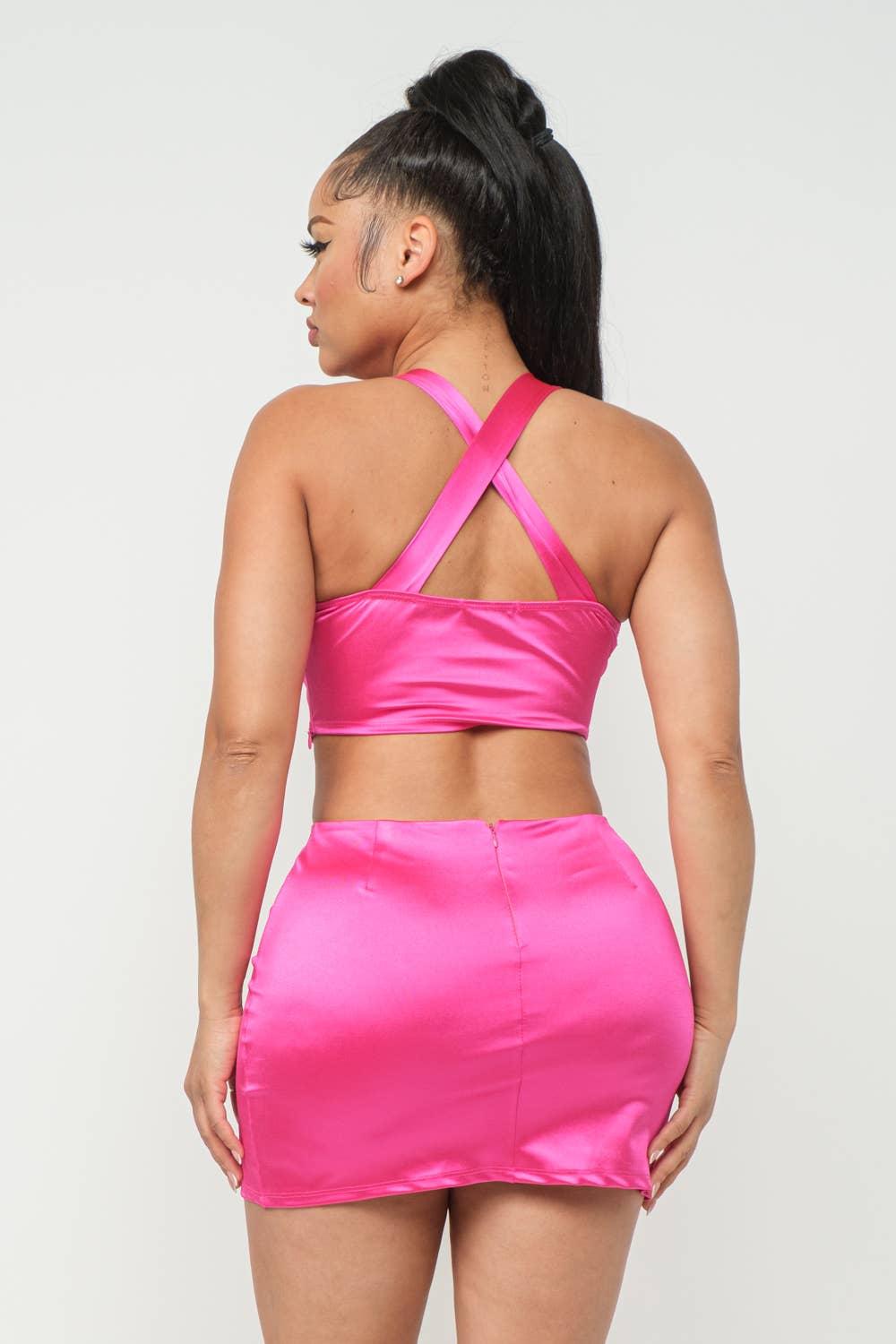 Open Front Wire Detail Top And Skirt Set: Fuchsia