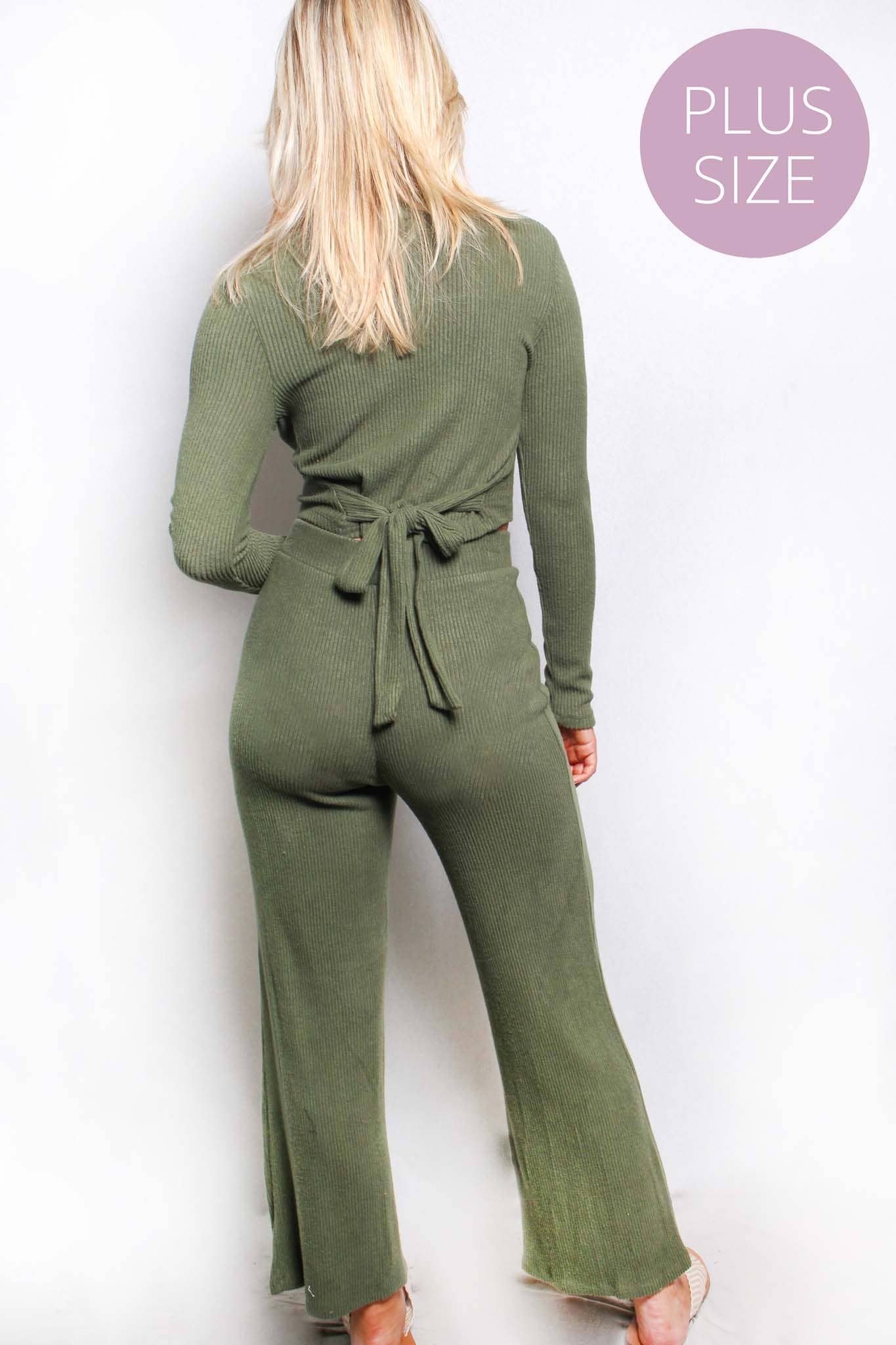 Women's Plus Long Sleeves Tie Back Rib Loungewear Set