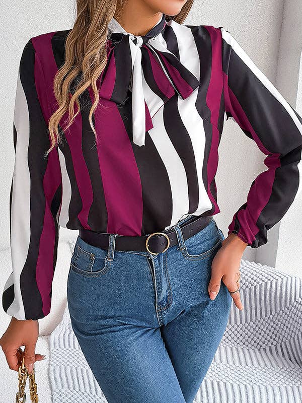 VividLux - Long Sleeves Loose Contrast Color Elasticity Striped Tied Mock Neck Blouses&Shirts Tops: BURGUNDY / M VividLux