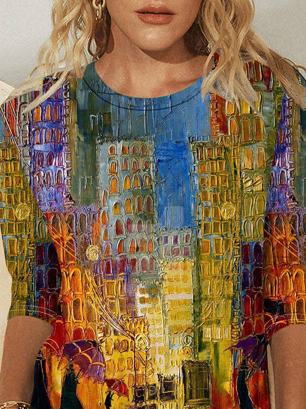 VividLux - Loose Plus Size Printed Round-Neck T-Shirts Tops: COLORFUL / M VividLux