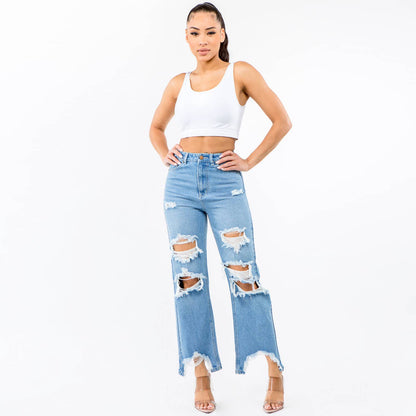 HIGH WAIST DISTRESSED WIDE LEG JEANS