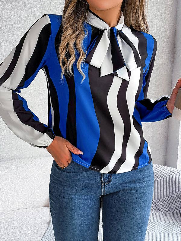 VividLux - Long Sleeves Loose Contrast Color Elasticity Striped Tied Mock Neck Blouses&Shirts Tops: BURGUNDY / M VividLux