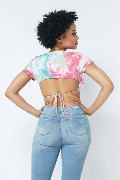 Tie Dye Open Back Tie Detail Crop Top: Pink Combo