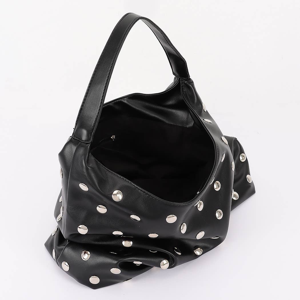 Studded Faux Leather Hobo Bag- BLK