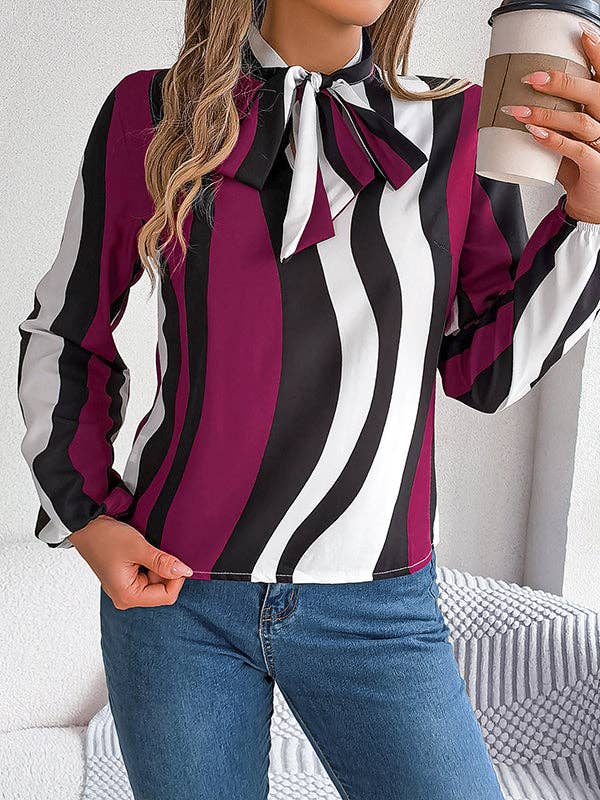 VividLux - Long Sleeves Loose Contrast Color Elasticity Striped Tied Mock Neck Blouses&Shirts Tops: BURGUNDY / L VividLux