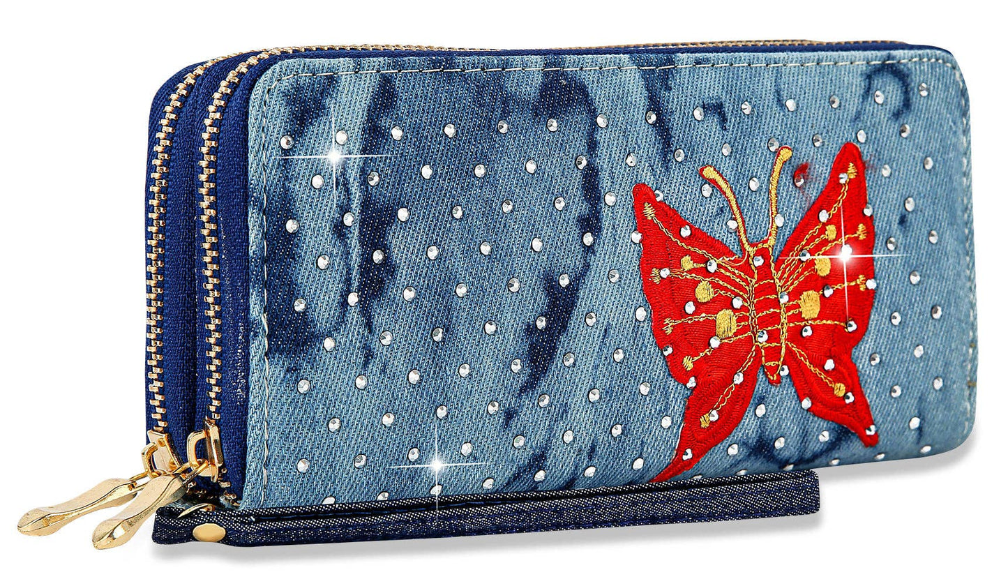 Decorative Denim Butterfly Wristlet Wallet: Orange Bodi Language for Women