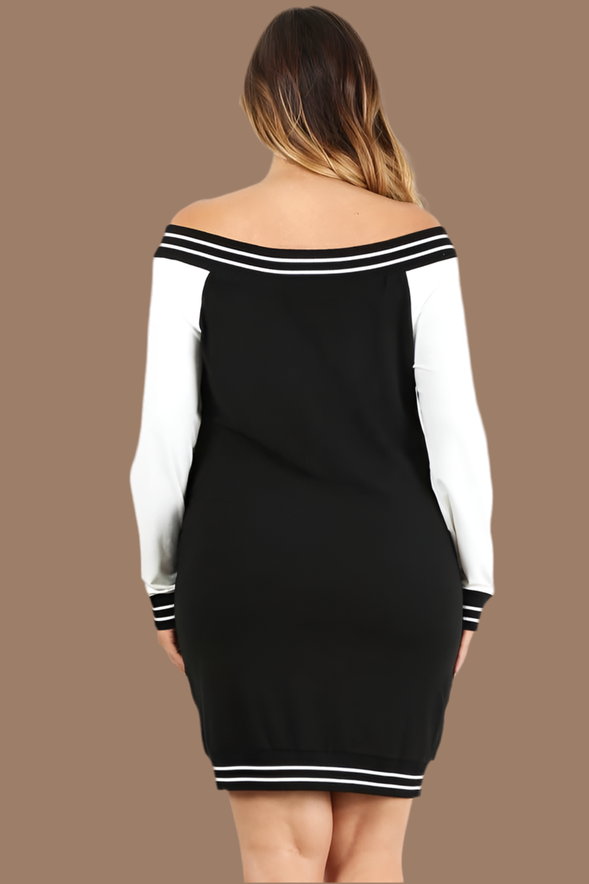 Plus Size Colorblock Off Shoulder Zip Dress - Black Bodi Language for Women