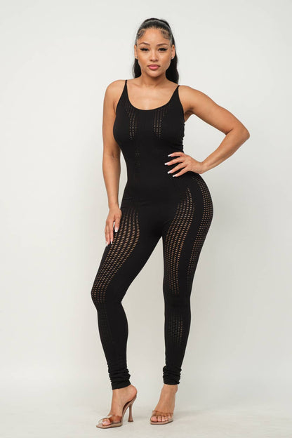 Black Seamless Back Spaghetti Strap Distressed Jumpsuit - Bodi Language for Women