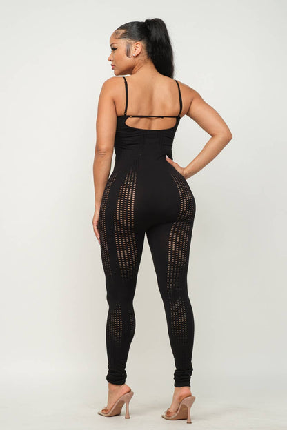 Black Seamless Back Spaghetti Strap Distressed Jumpsuit - Bodi Language for Women