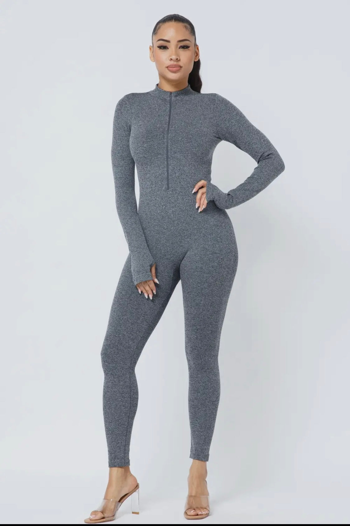 LS Mock Neck Zippered Jumpsuit- Gray Bodi Language for Women