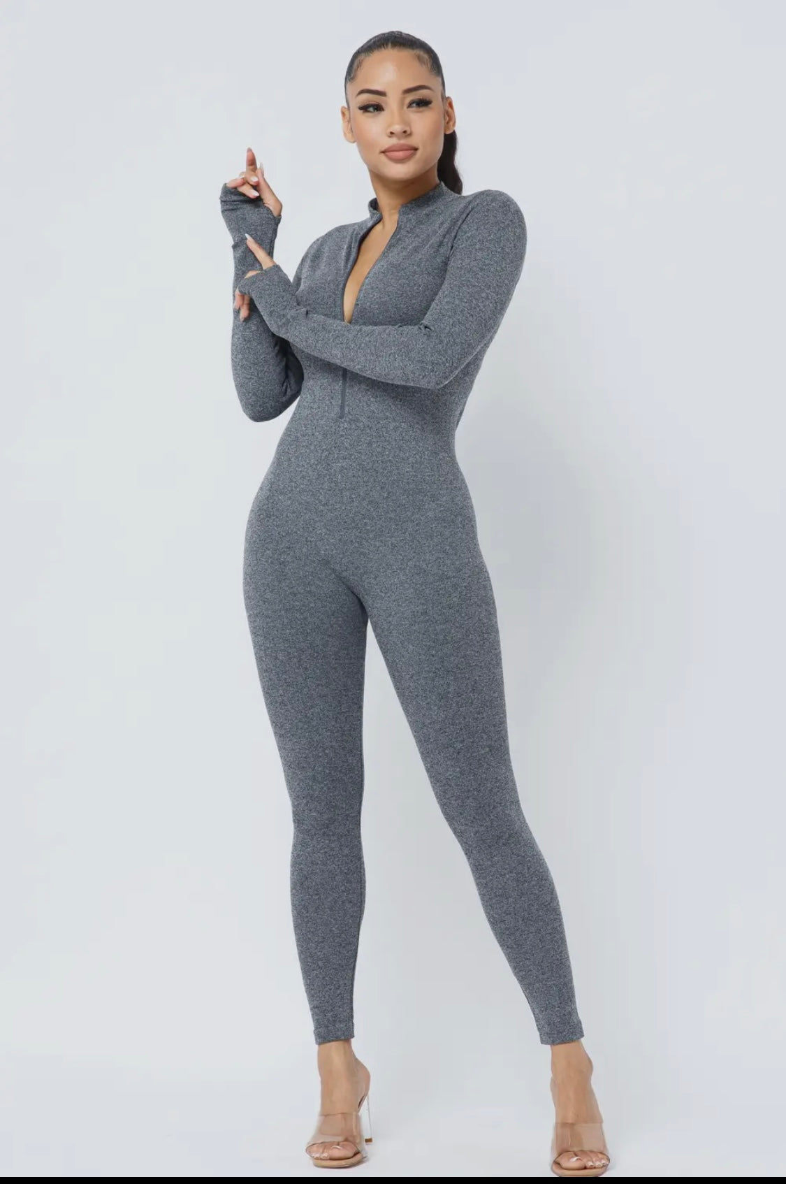 LS Mock Neck Zippered Jumpsuit- Gray Bodi Language for Women