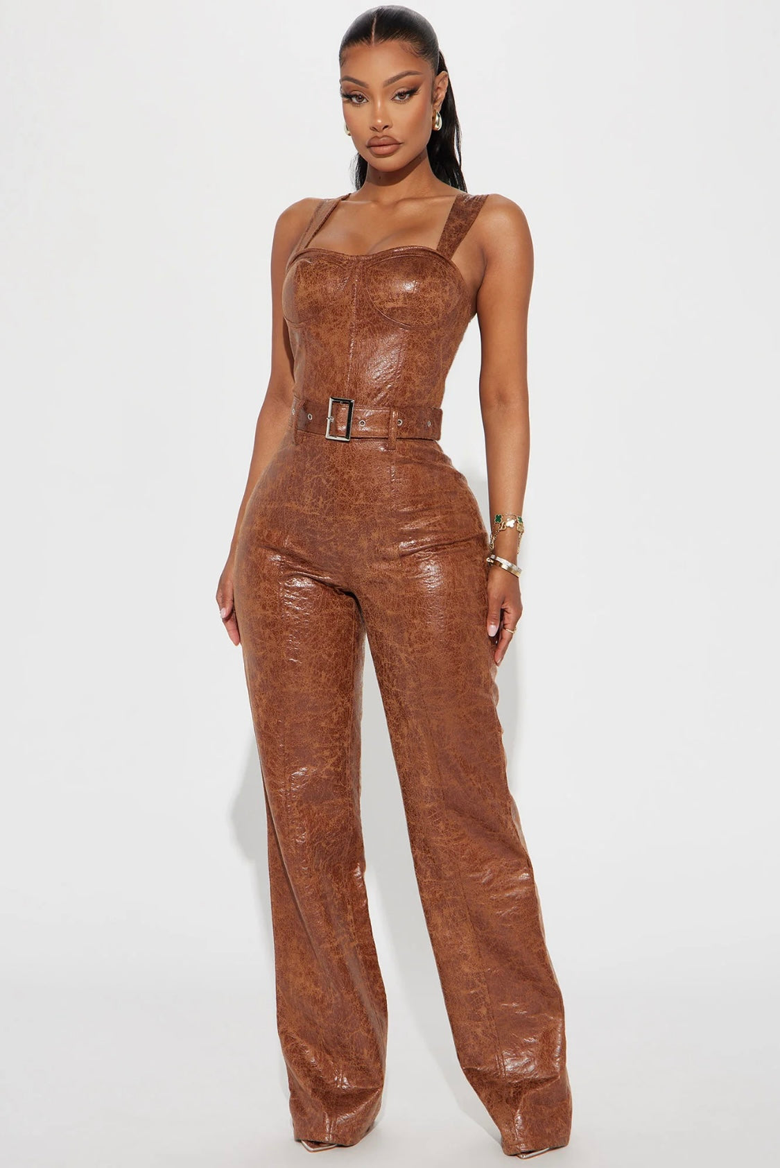 Faux Leather Jumpsuit-Washed Accent Bodi Language for Women