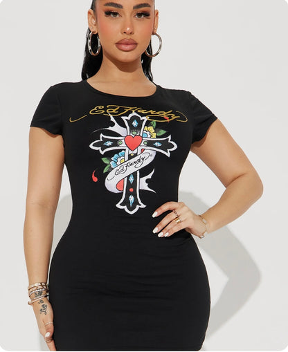 Ed Hardy Jersey Dress- Black / Plus