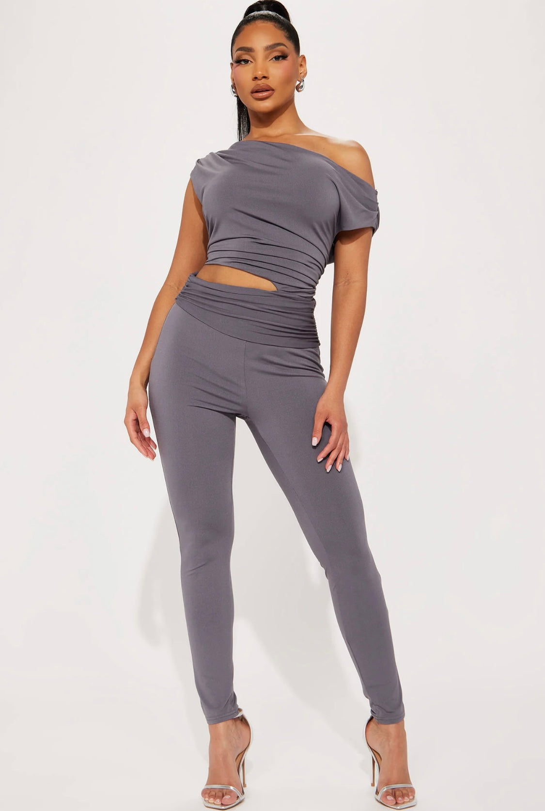 One Shoulder Jumpsuit-Charcoal Bodi Language for Women