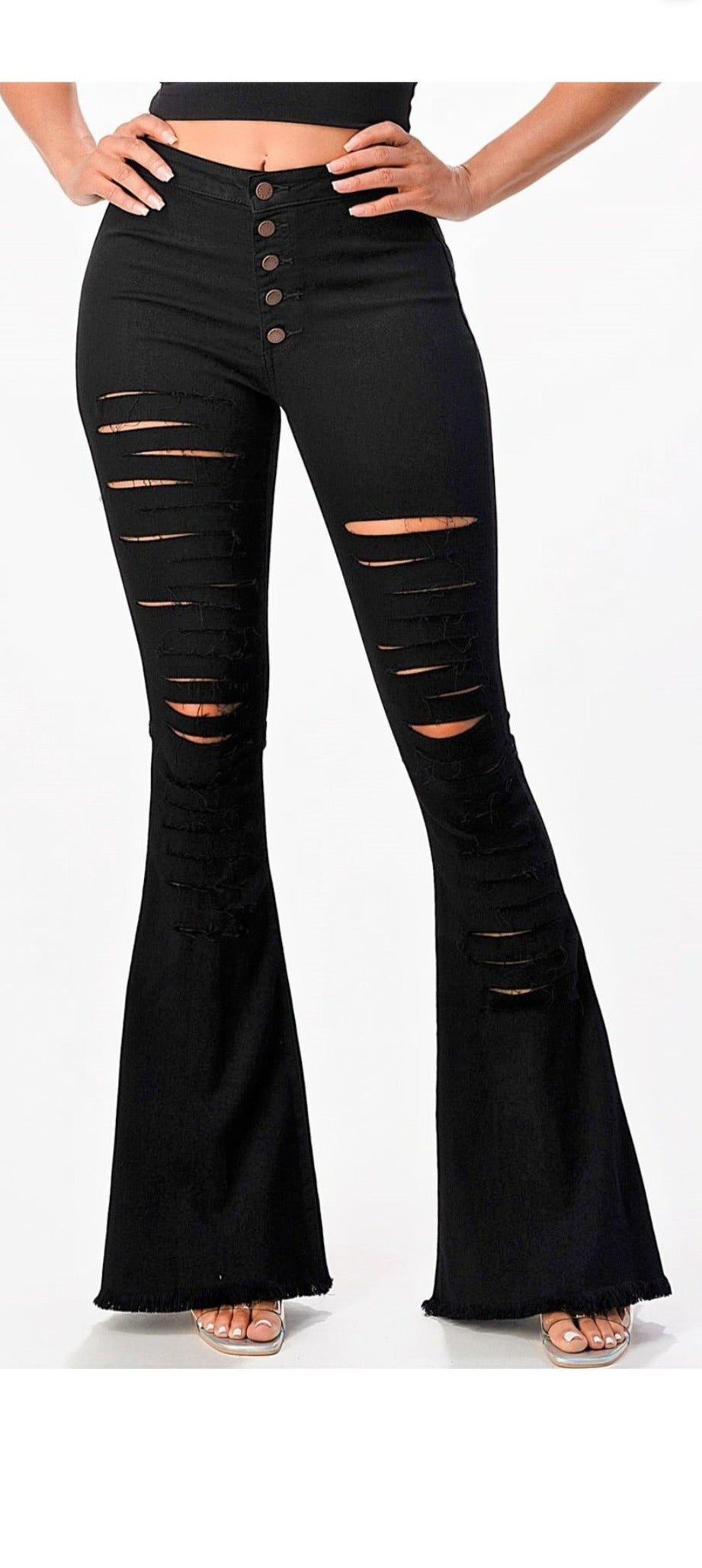 High Rise Destroyed Black Flare Jeans - Bodi Language for Women