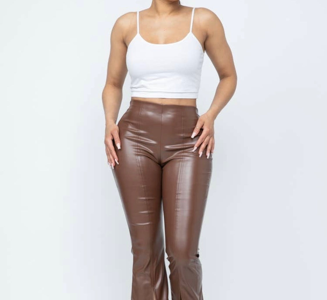 Pu Leather High Waisted Front Slit Hem Back Zipper Pants: Brown Bodi Language for Women