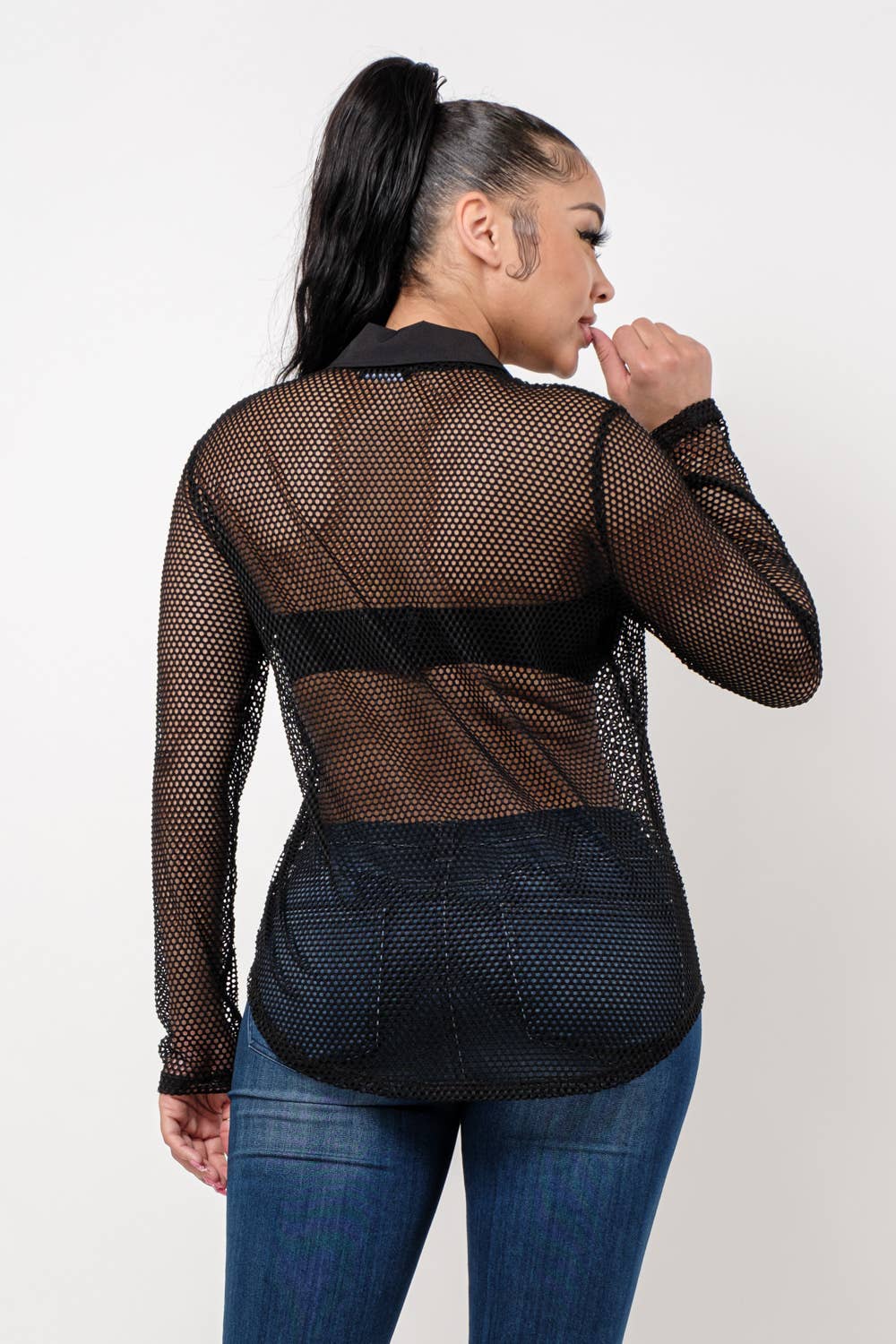 Plus Size Fishnet Button Down Shirt Black - Bodi Language for Women