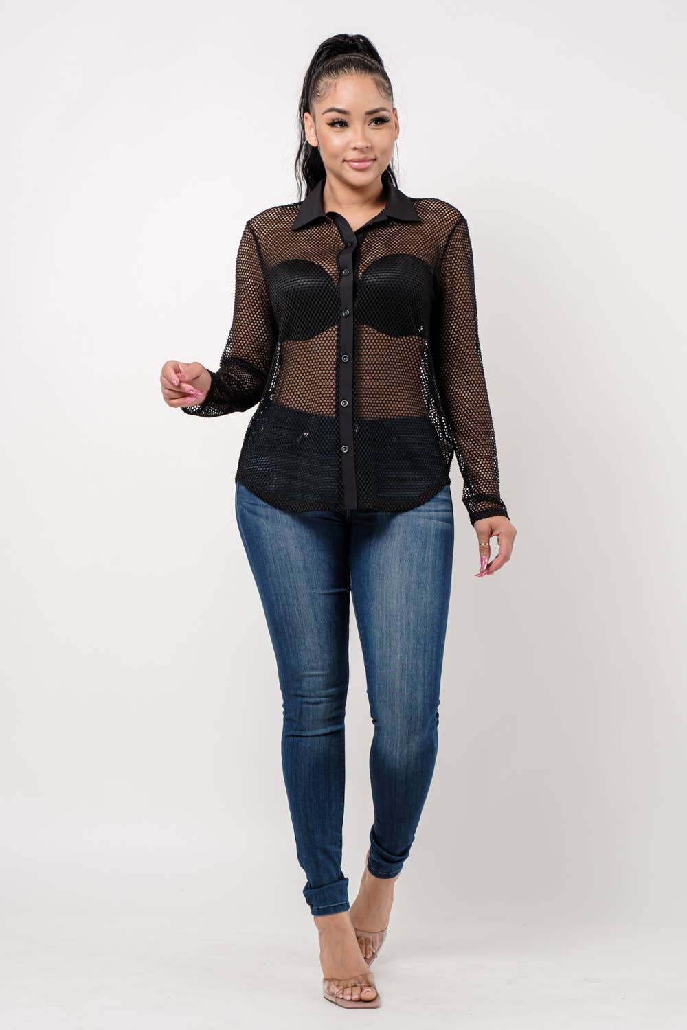 Plus Size Fishnet Button Down Shirt Black - Bodi Language for Women