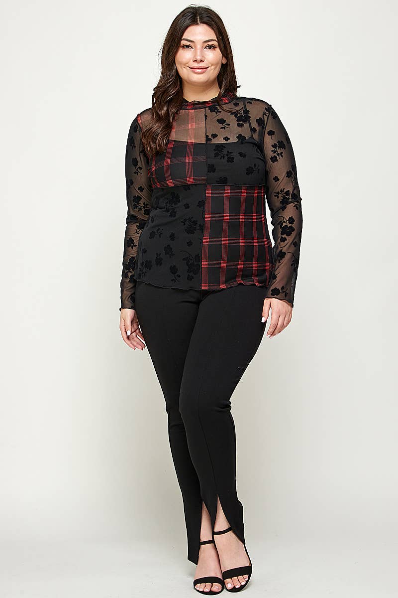 Plus Size Patchwork Mesh Mock Neck Top - Black - Bodi Language for Women