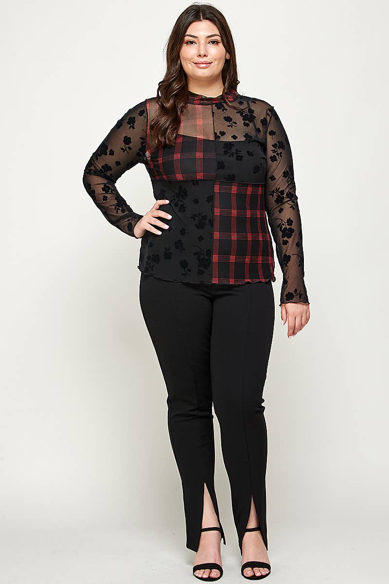 Plus Size Patchwork Mesh Mock Neck Top - Black - Bodi Language for Women