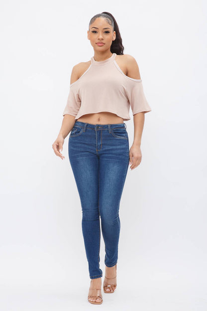 French Terry Solid Shoulder Cut Out Detail Half Sleeve Top-Khaki