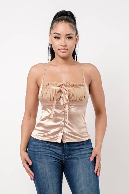 Mesh Ruched Lace Trim Front Tie Top: Taupe
