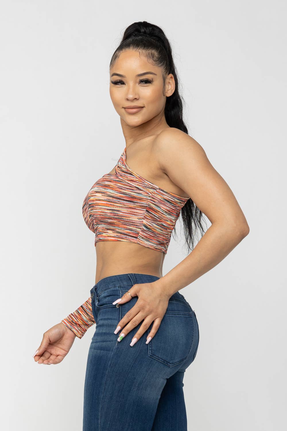 Space Dye One Shoulder Cut Out Detail Crop Top: Orange Combo Julia by LoveJ