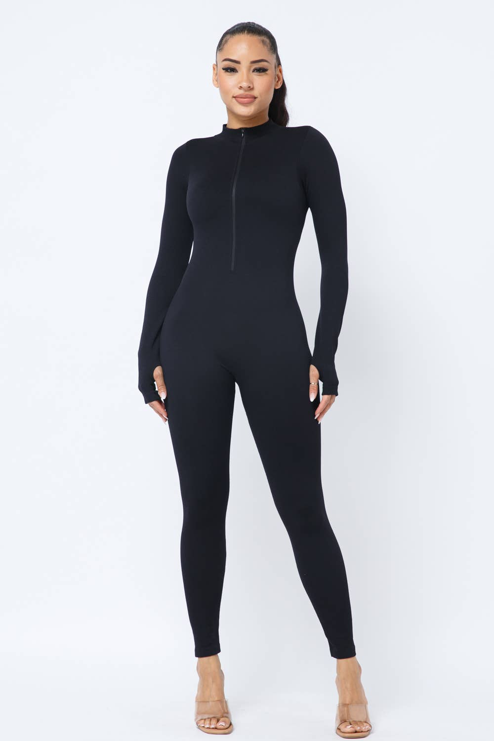 Front Zipper Mock Neck Open Thumb Long Sleeve Jumpsuit:  Black Julia by LoveJ