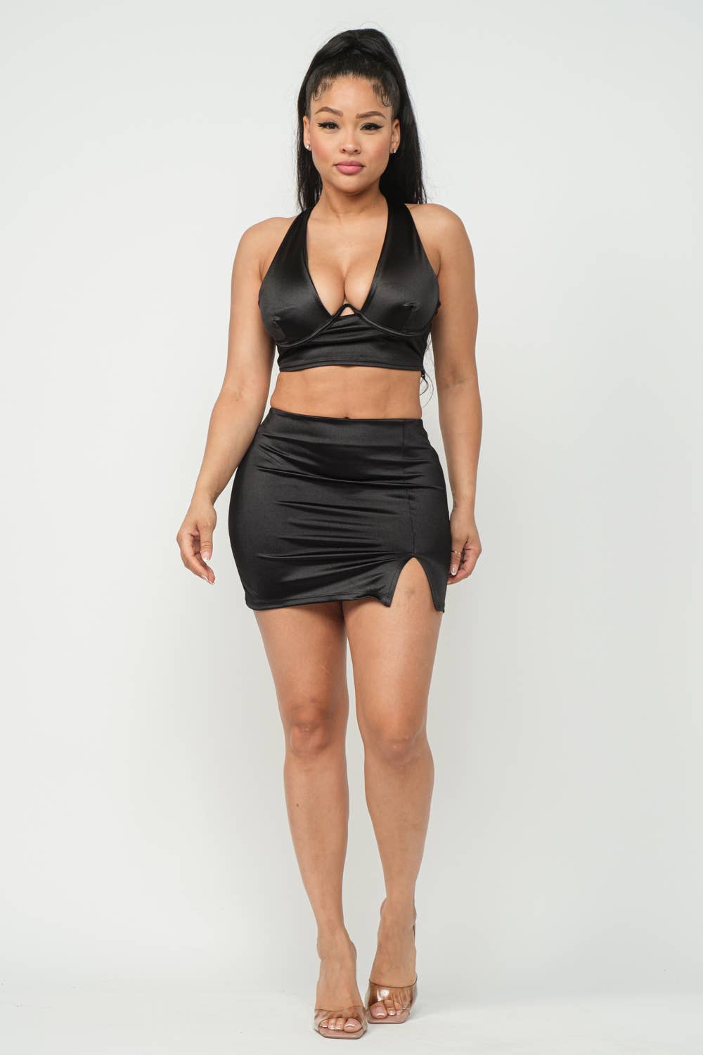 Open Front Wire Detail Top And Skirt Set: Fuchsia
