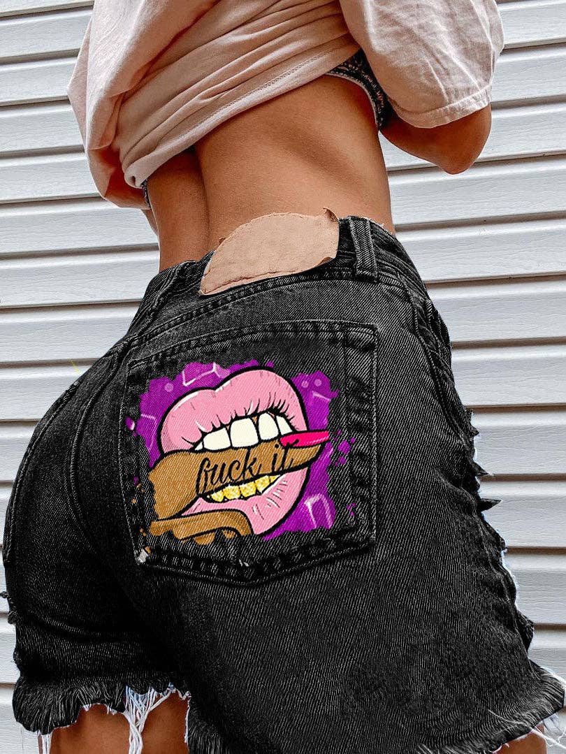 Bite Finger Printed Ripped Jeans: Blue / M