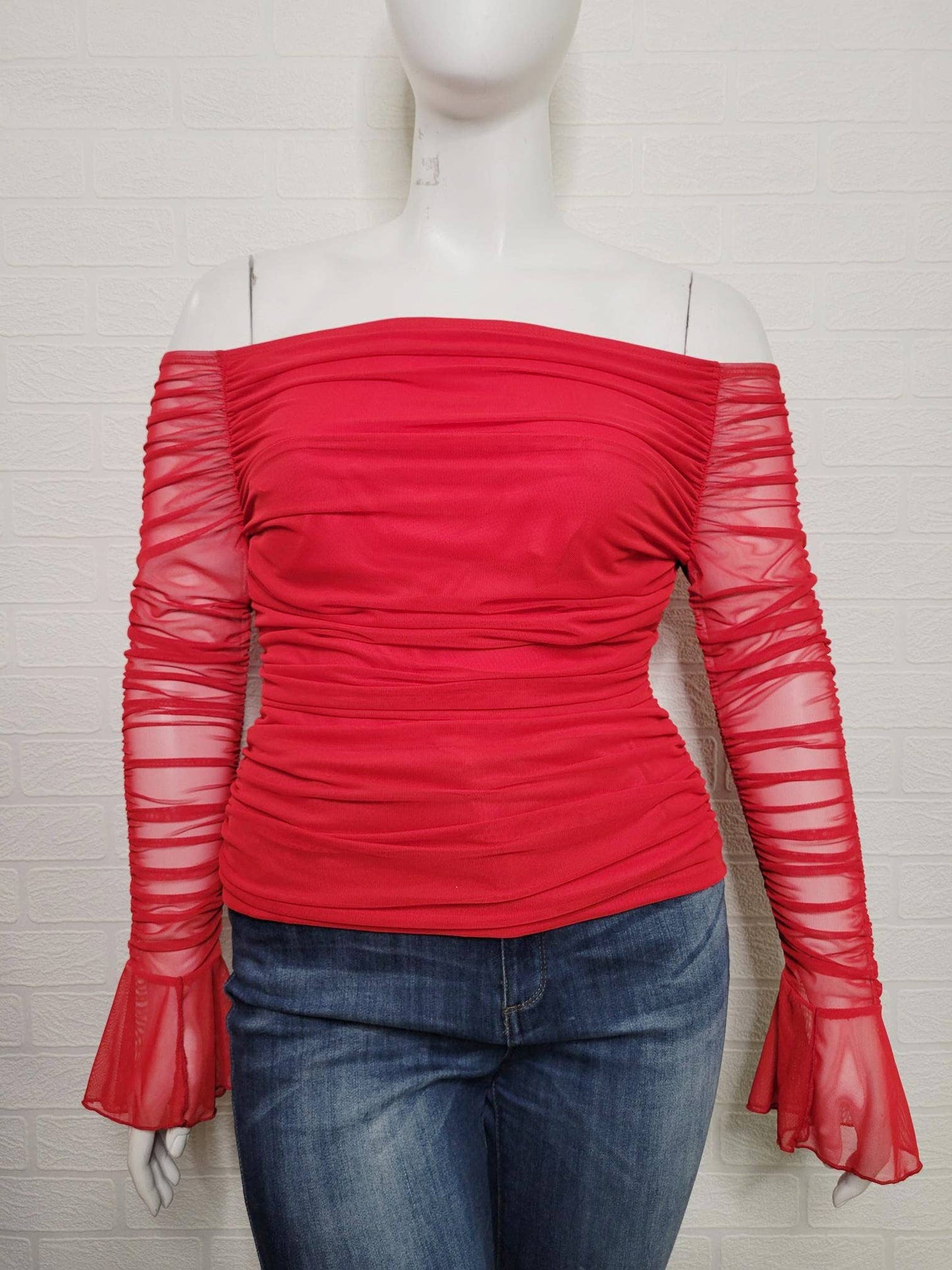 Plus Size Over the Shoulder Ruched Mesh Top -Red / Plus Size Bodi Language for Women