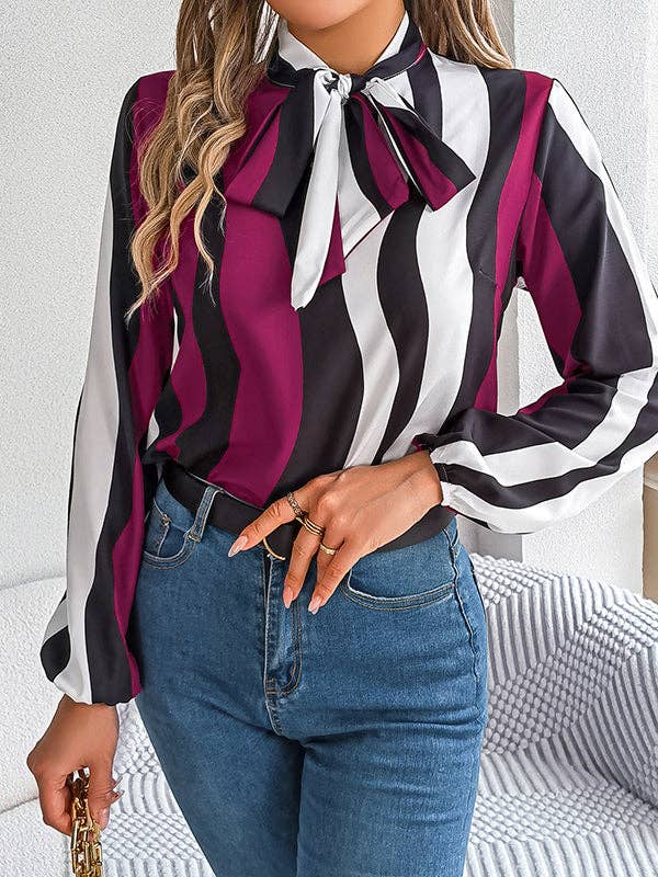 VividLux - Long Sleeves Loose Contrast Color Elasticity Striped Tied Mock Neck Blouses&Shirts Tops: BURGUNDY / L VividLux