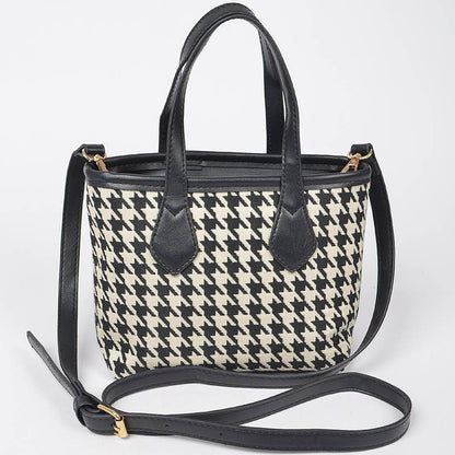 Houndstooth Tweed Small Tote Bag: Black