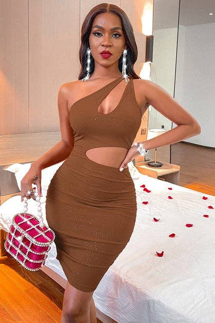 One Shoulder Sleeveless Cutout Backless Bodycon Mini Dress: COFFEE