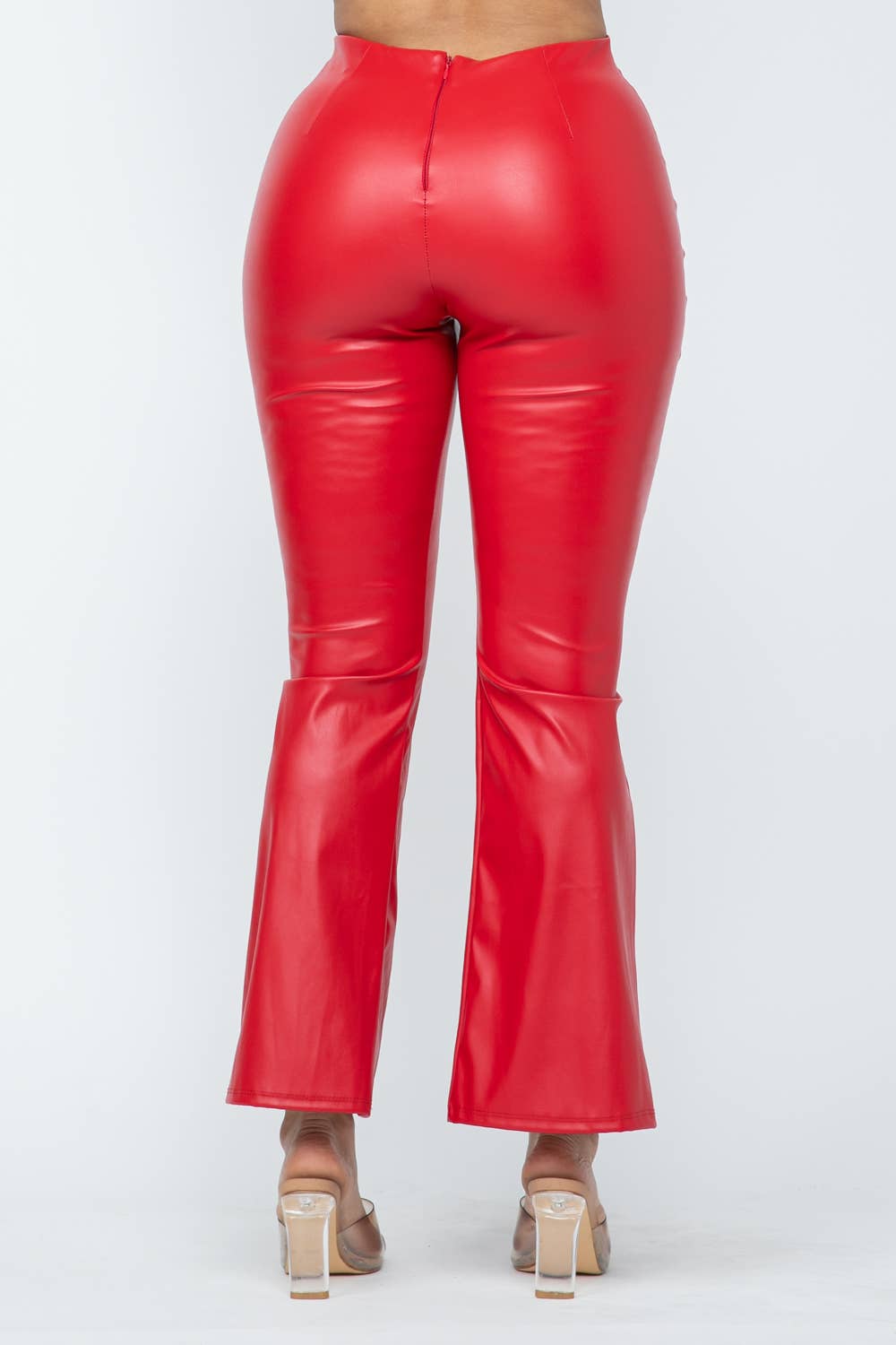 Pu Leather High Waisted Front Slit Hem Back Zipper Pants: Red Bodi Language for Women