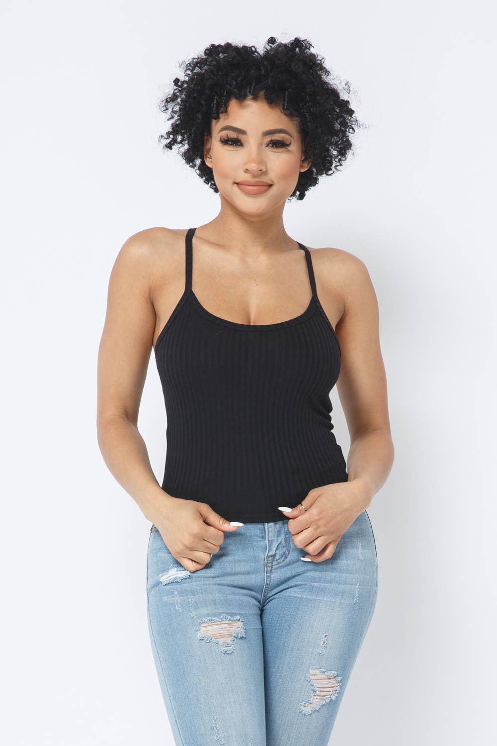 Rib Racer Back Sleeveless Tank Top: Black