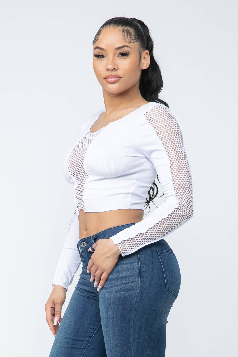 Front & Sleeve Fishnet Contrast Long Sleeve Crop Top: White Bodi Language for Women