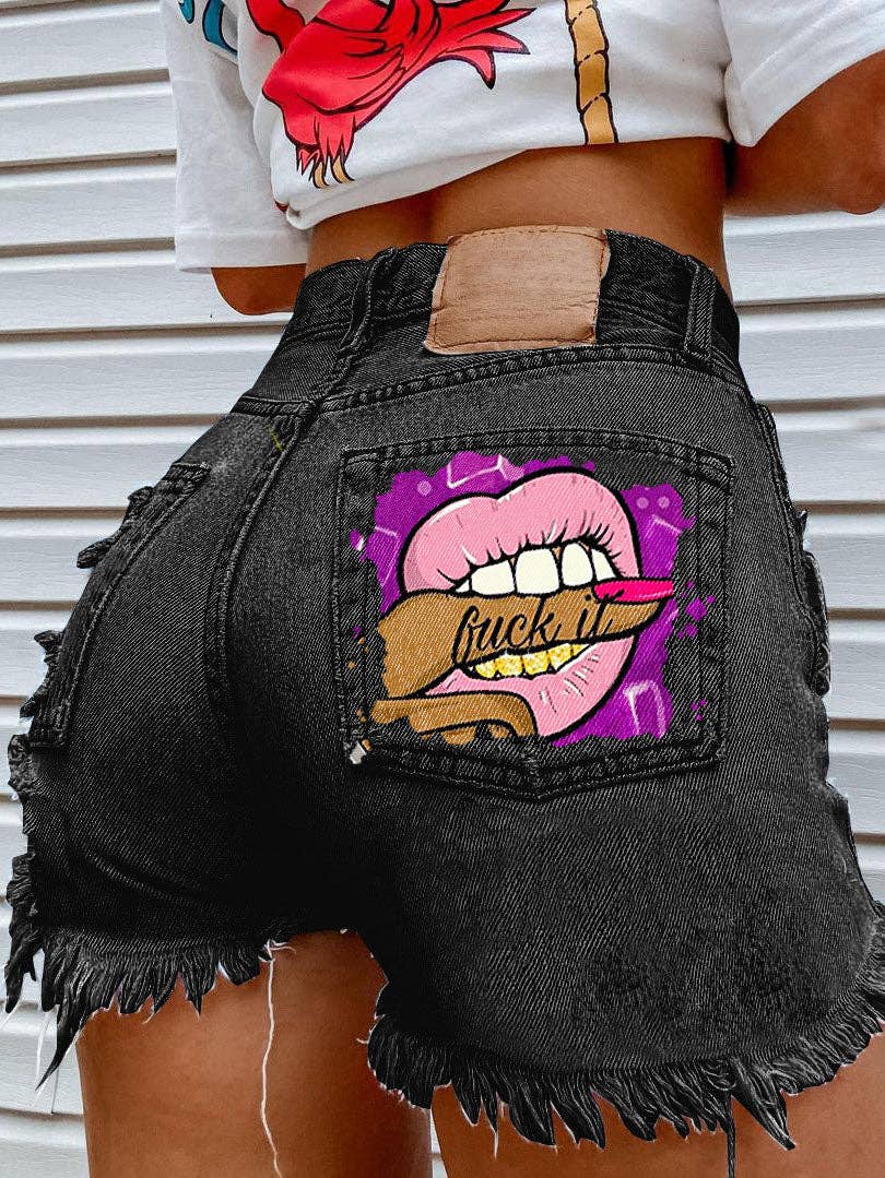 Tourtiwi - Bite Finger Printed Ripped Jeans: Blue / XL