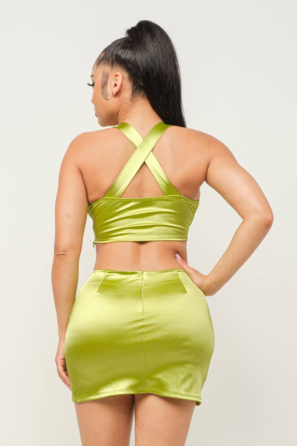 Open Front Wire Detail Top And Skirt Set: Fuchsia